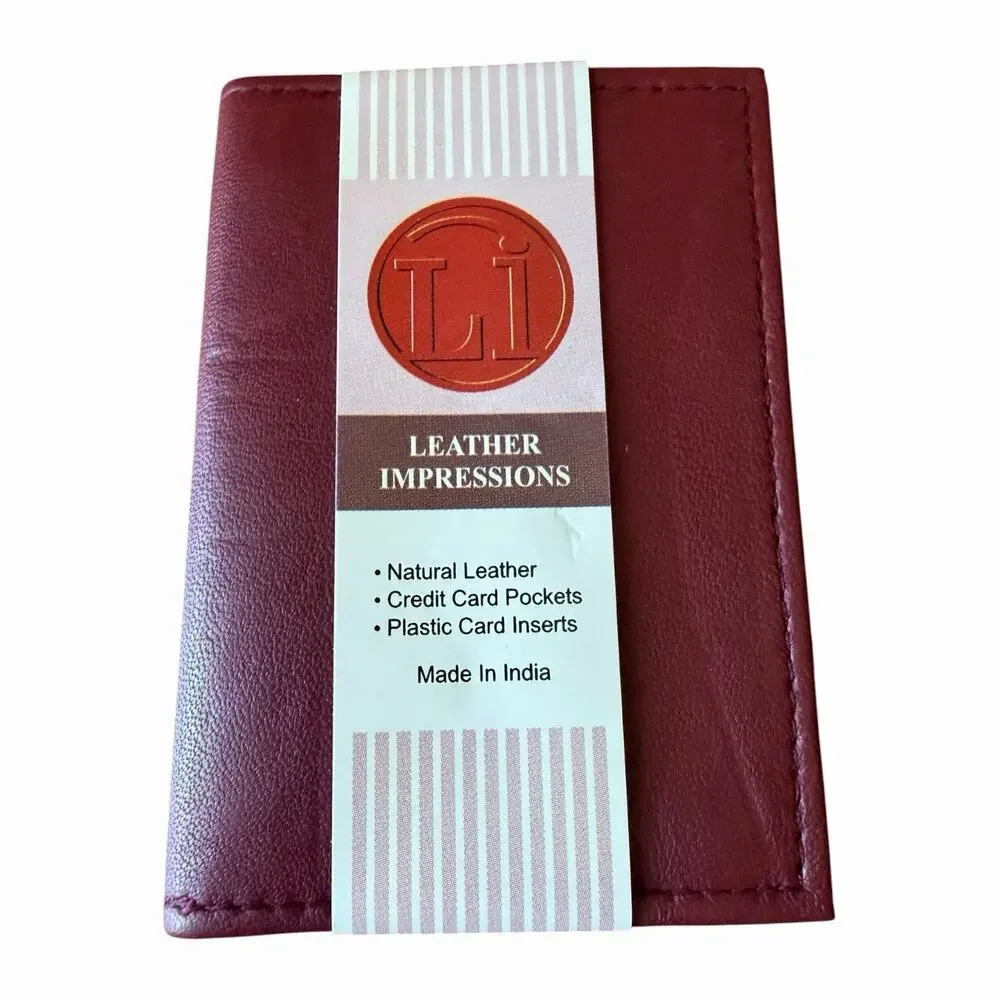 Vintage Genuine Leather Card Holder Burgundy Red ID Credit Card Wallet NOS